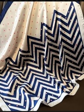 Chevron & Polka Dot Silk Scarf - Navy, White & Pink